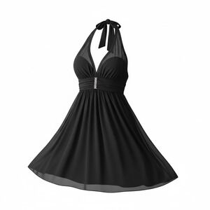 Speechless Black Halter Cocktail Dress Rhinestone Waist Sheer Overlay M‎